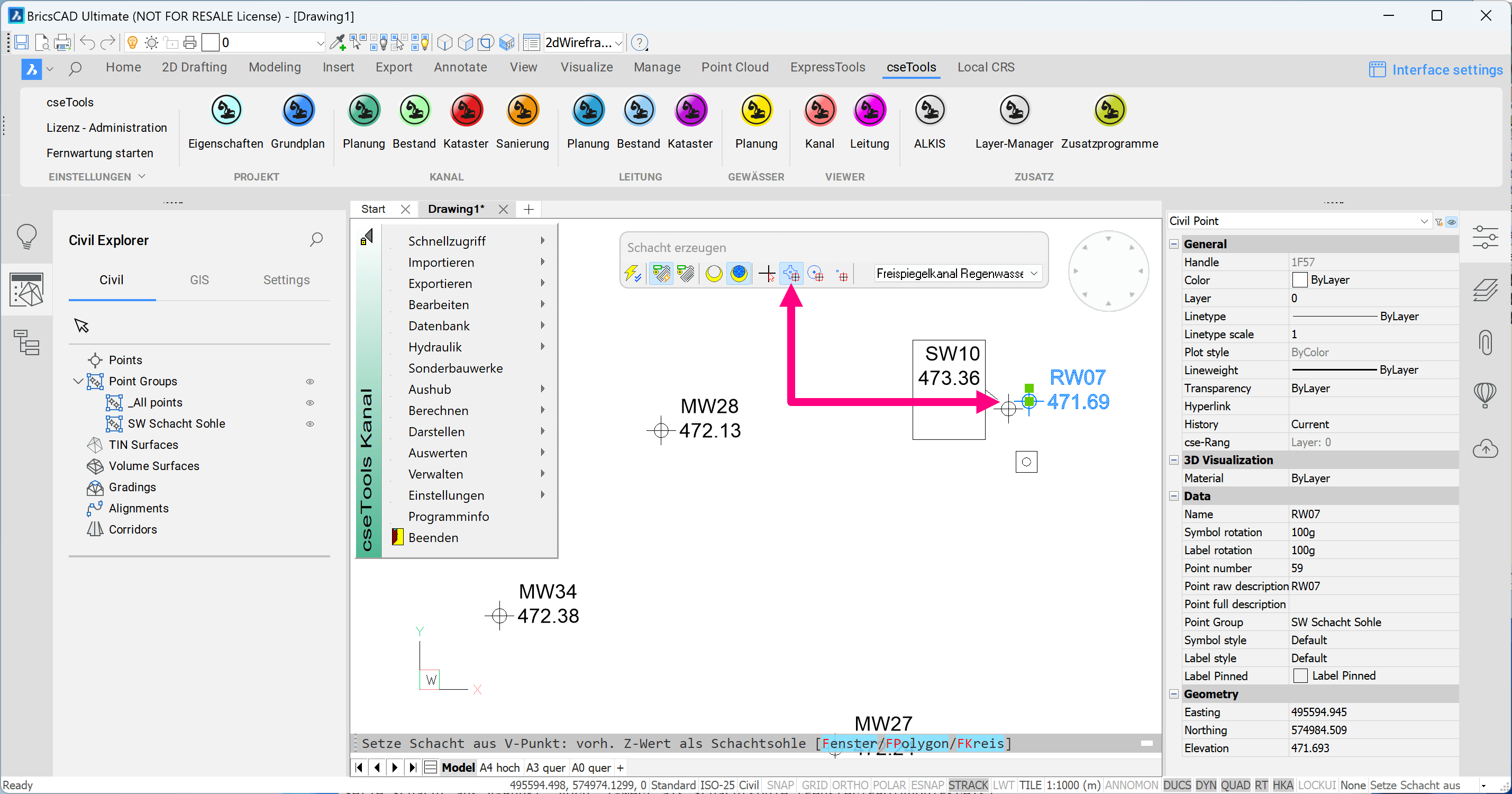 Screenshot Civil-Punkte von BricsCAD für Schachtkonstruktion verwenden