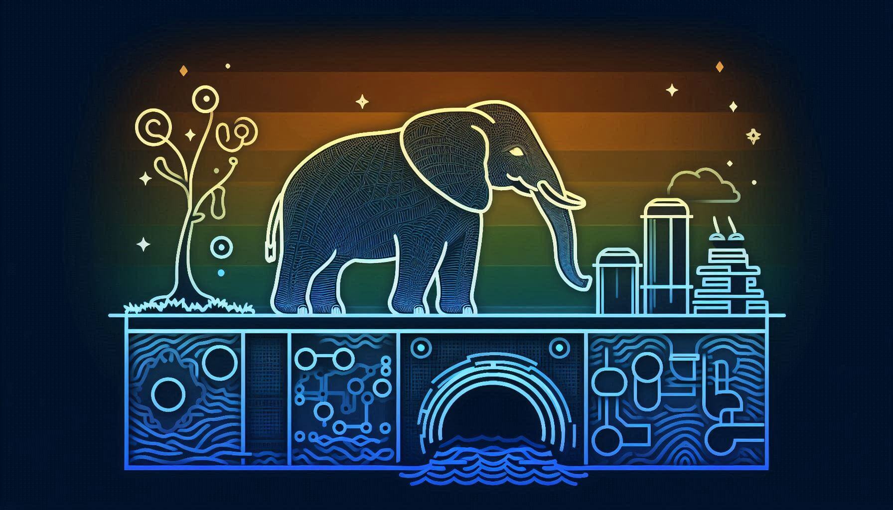 Der PostgreSQL-Elefant läuft durch die Stadt und unter ihm sieht man die Kanalisation und andere Infrastruktur