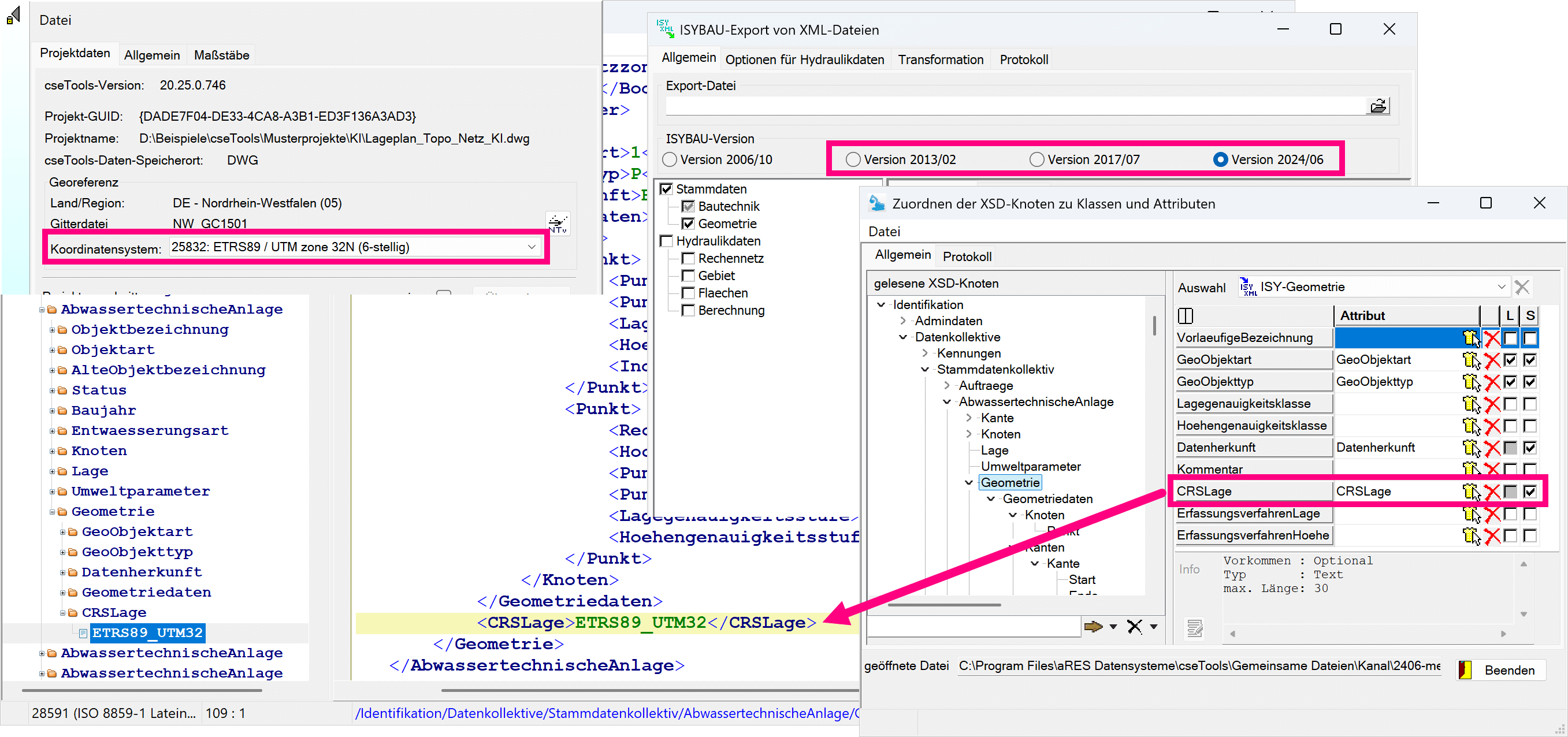 Screenshot Eingestelltes Koordinatensystem über ISYBAU-XML Export in Datei als CRSLage
