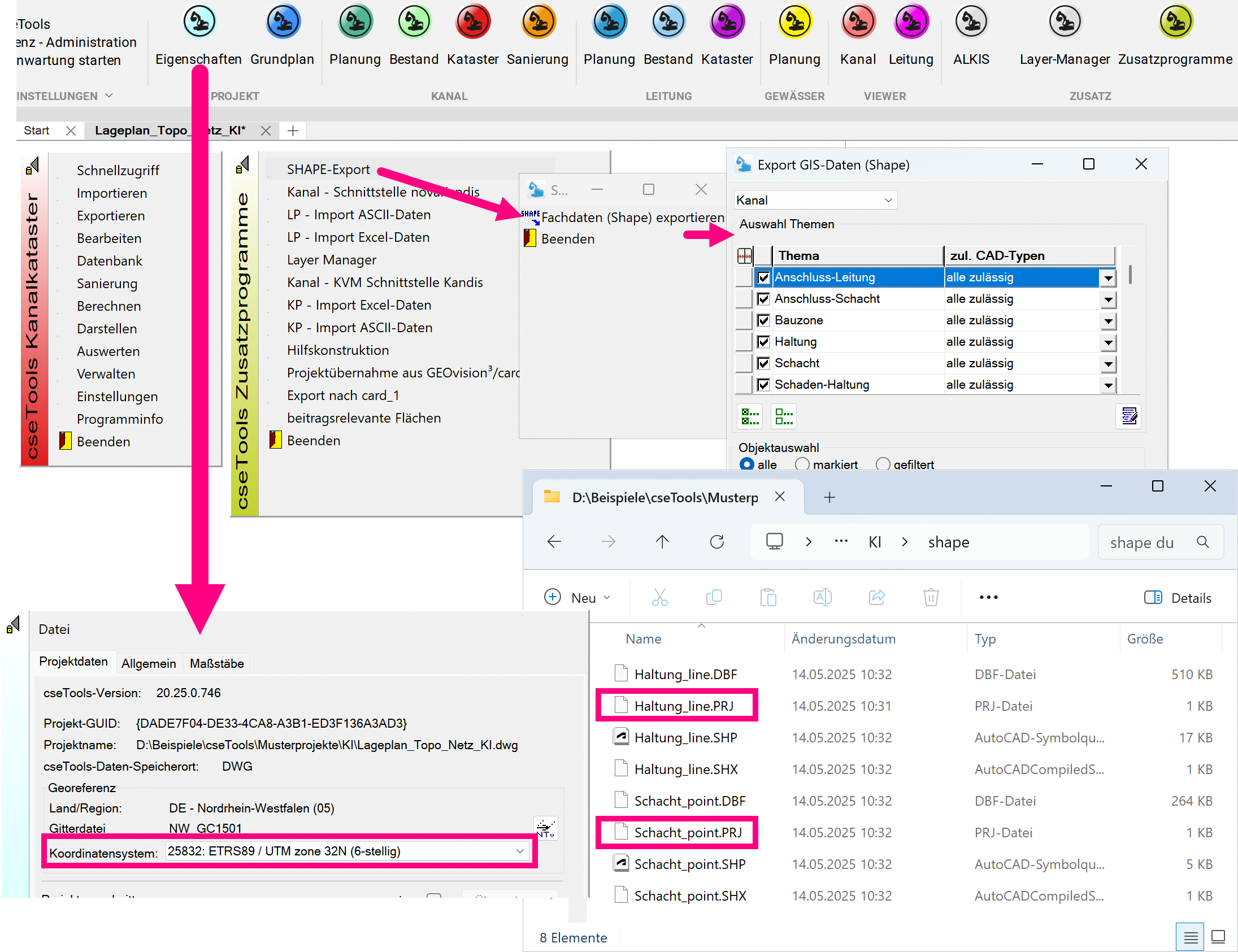 Screenshot Koordinatensyste über SHAPE-Export in separate PRJ-Datei geschrieben