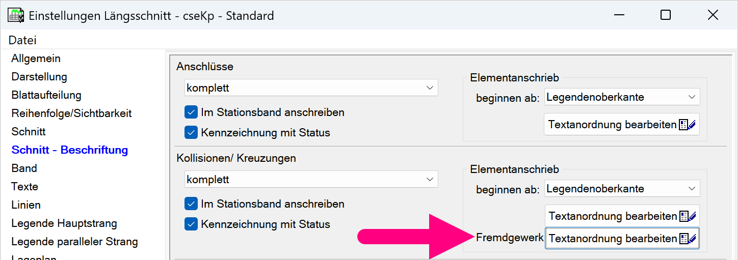 Screenshot Längsschnitt Einstellungen zur Beschriftung von Fremdgewerken