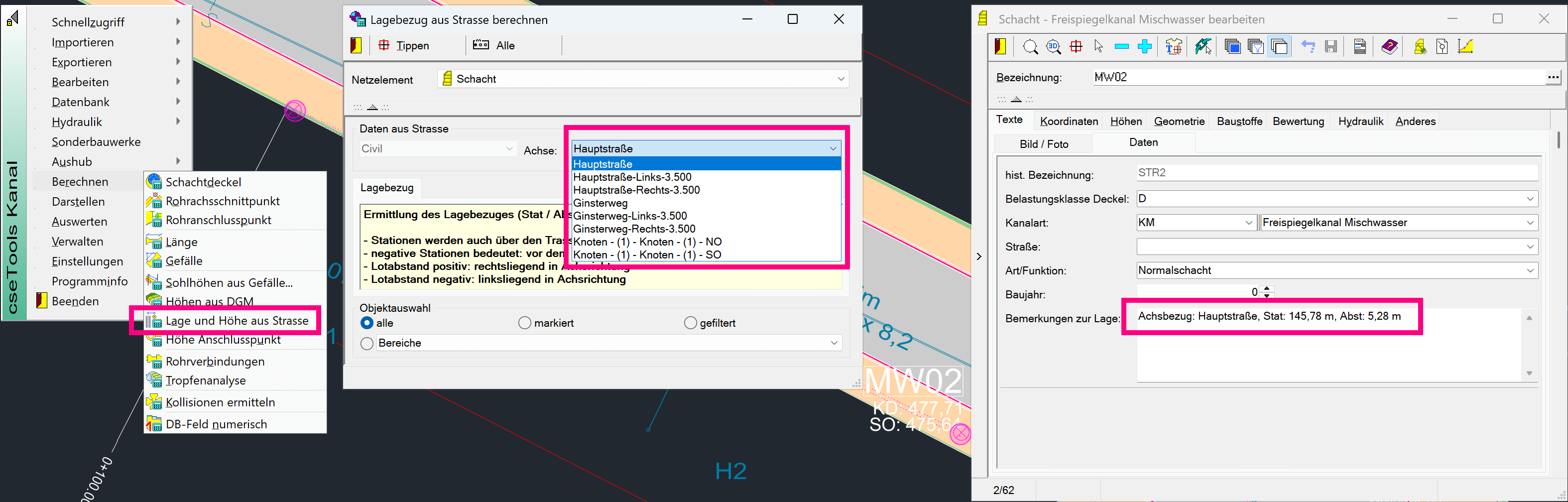 Screenshot Berechnung und Speicherung des Bezugs eines Schachts zur Straßenachse